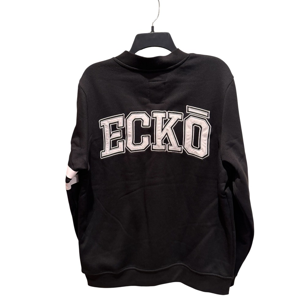 Ecko Unltd Mens Fleece Cardigan Sweater Black Varsity Logo Button Up NWT Size M